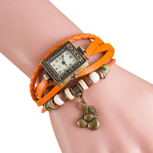 relogio 2017 women bracelet watch Quartz Weave Around PU Leather Cherry Bracelet Lady Woman Wrist Watch montre femme #