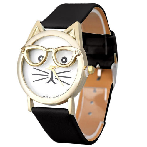 Cute Cat Watch Women Glasses Candy Color Analog Quartz Dial WristWatch