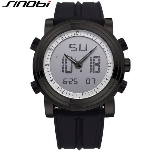 SINOBI Chronograph Men's Sports Watches Digital Quartz Dual time display Waterproof Top Luxury Brand Males Clock rubber band